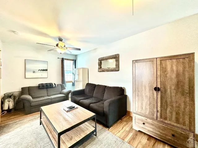 a living room with furniture and a lamp