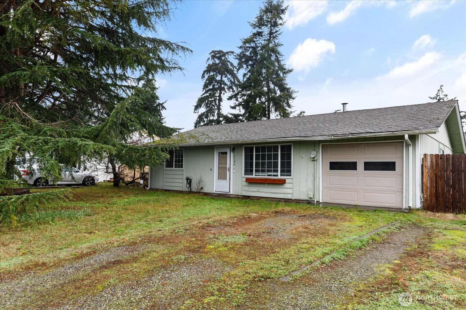 a view of a house with a yard and a large tree