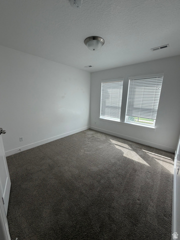 878 West Mckenna Road Bluffdale, UT 84065 - Photo 5 of 11 Plush gray carpeting throughout, featuring two windows with horizontal blinds, a white door with a round knob, and a ceiling-mounted light fixture