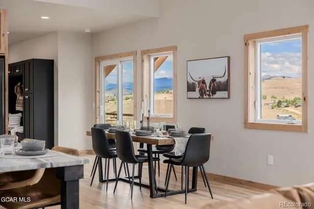 a view of a dining room with furniture window and outside view