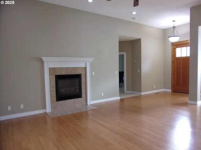 a living room with a fireplace