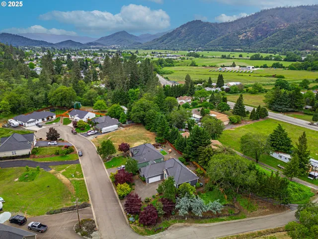 a aerial view of a house with a yard and a garden