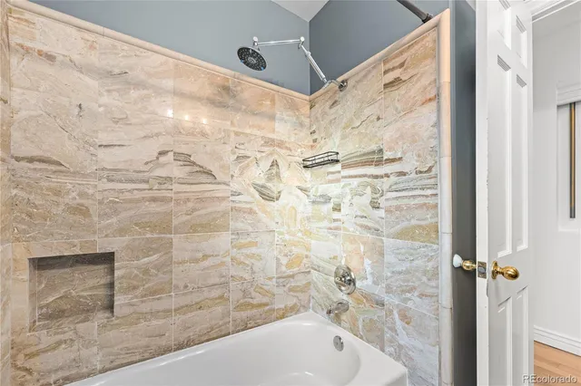 a bathroom with a bathtub