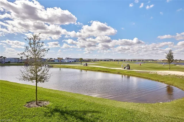 a view of a lake with houses in the back