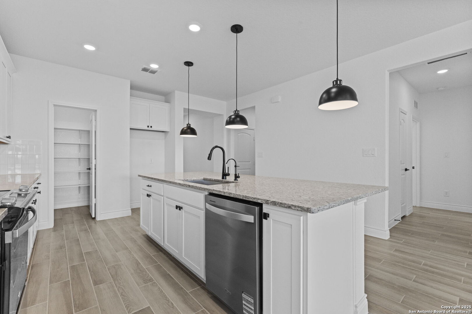 4014 Paddock Trail Seguin, TX 78155 - Photo 8 of 27 a kitchen with stainless steel appliances granite countertop a sink a refrigerator and wooden floor