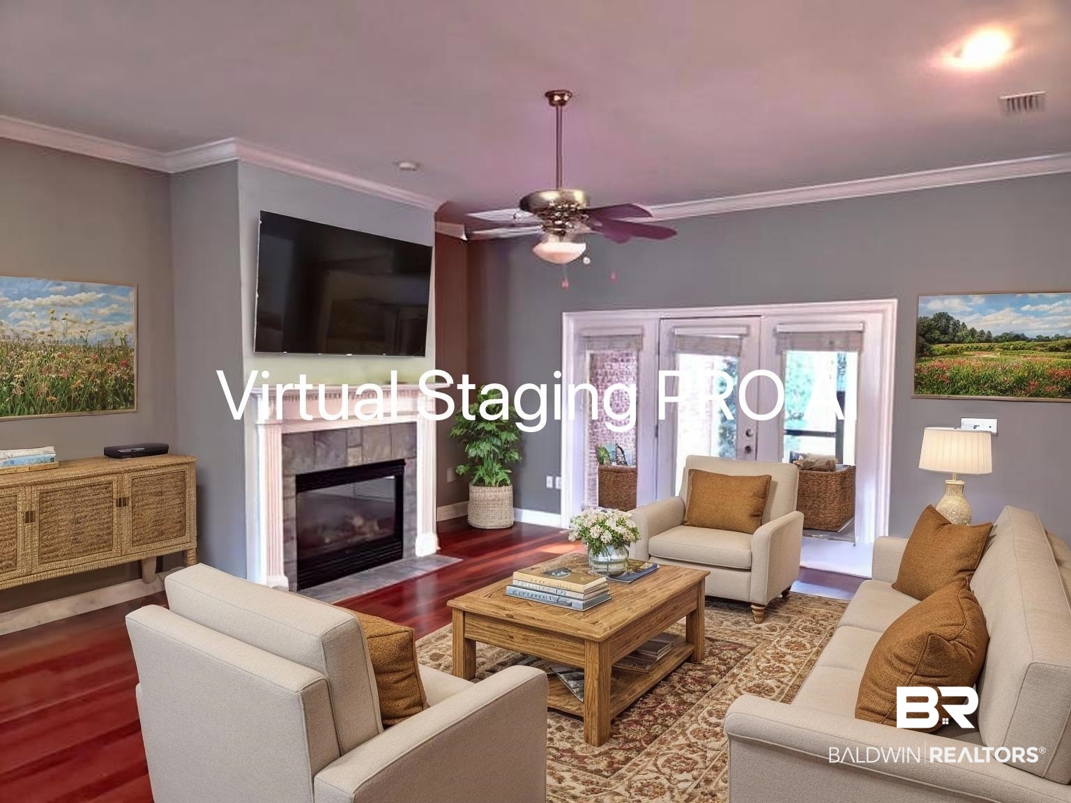 306 South Tee Drive Fairhope, AL 36532 - Photo 10 of 37 Living area with ornamental molding, wood finished floors, a ceiling fan, a fireplace, and baseboards