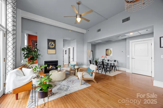 a living room with furniture a dining table and a potted plant