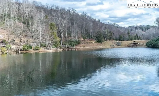 a view of river covered by trees and buildings