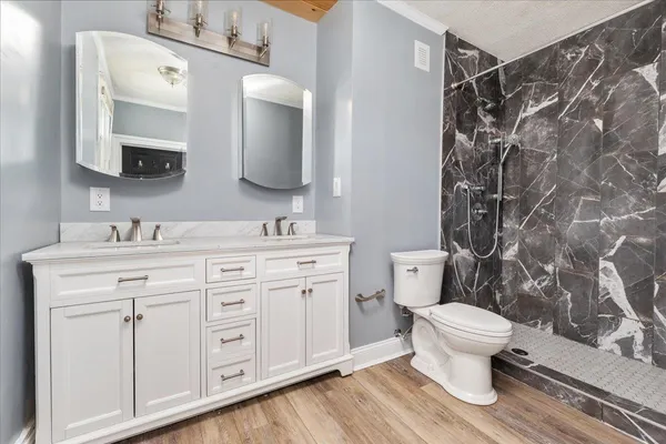 a bathroom with a bathtub