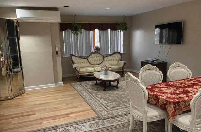 a living room with furniture a rug and a window