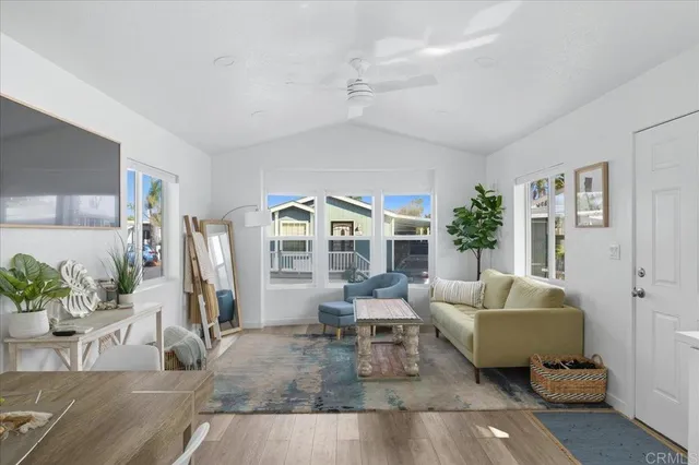 a living room with furniture and a potted plant