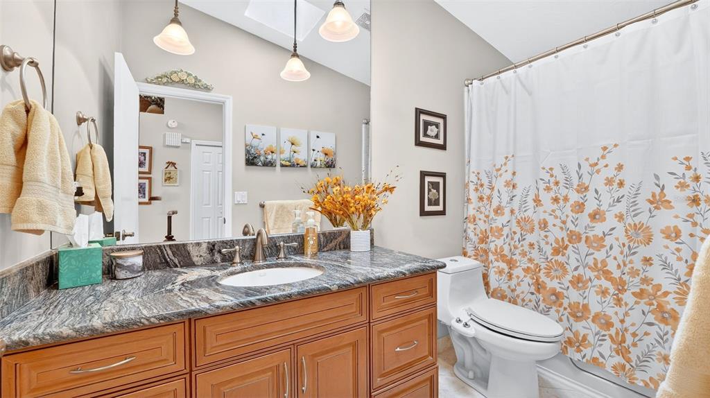 1100 South Riverside Drive Edgewater, FL 32132 - Photo 42 of 57 a bathroom with a granite countertop sink a toilet and a mirror