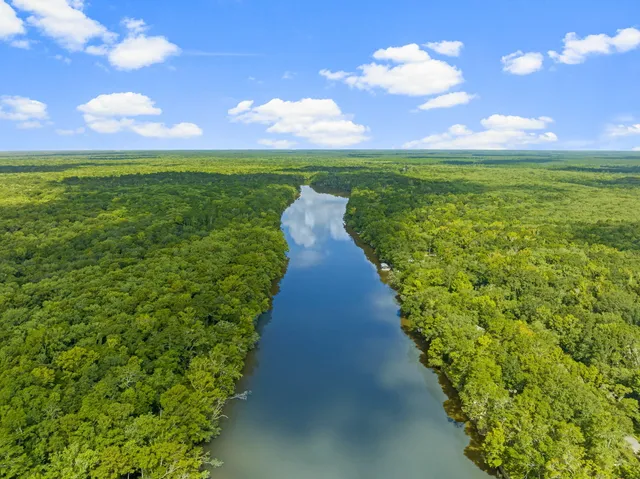 a view of a lake with a yard