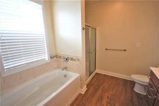 a bathroom with a bathtub and a toilet
