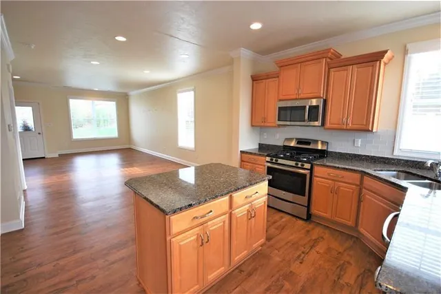 a kitchen with stainless steel appliances granite countertop a stove a sink and a microwave