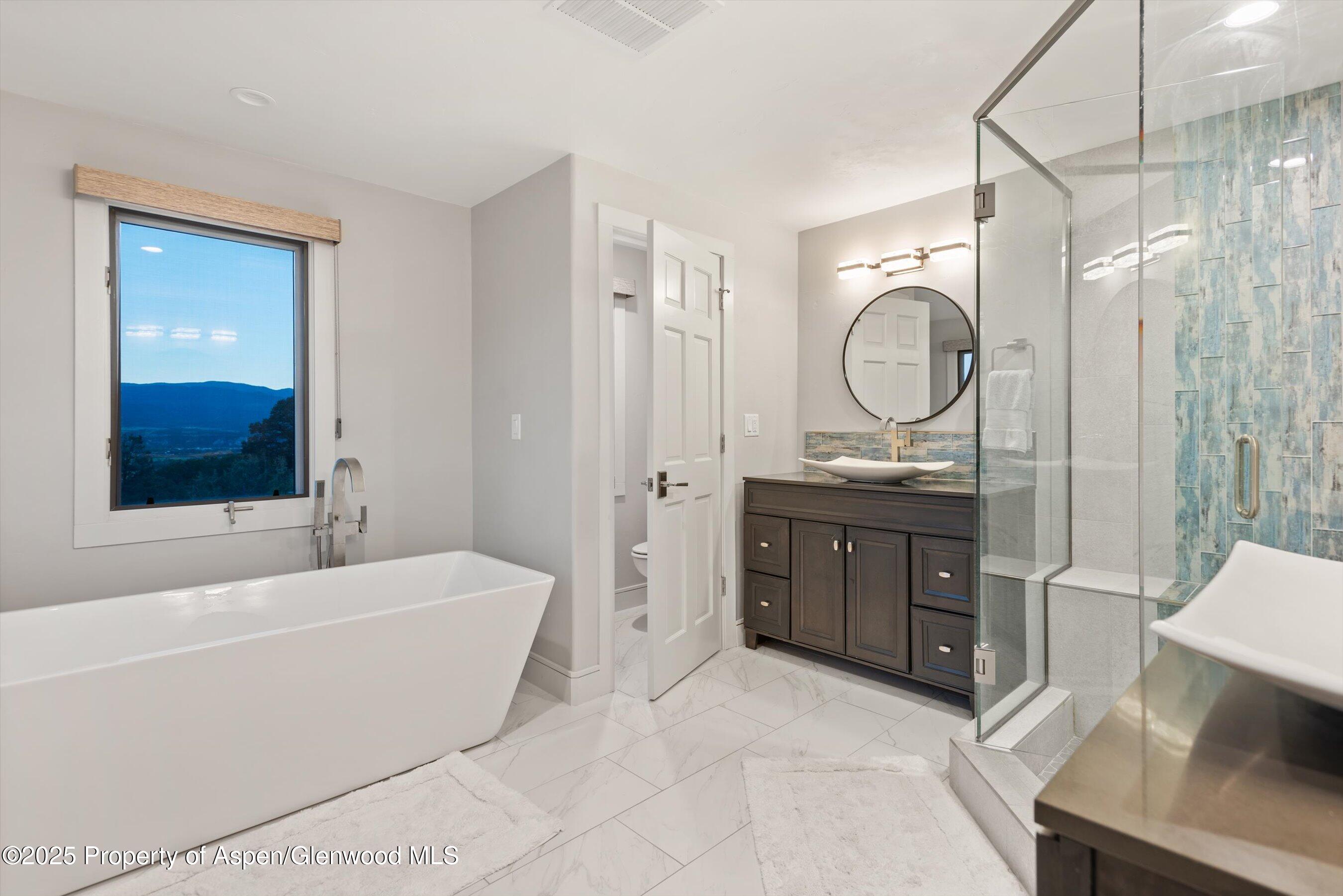 384 Wooden Deer Road Carbondale, CO 81623 - Photo 25 of 48 a bathroom with a tub a sink and a large mirror