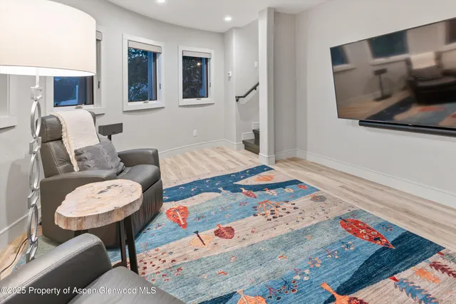 a living room with furniture and a rug