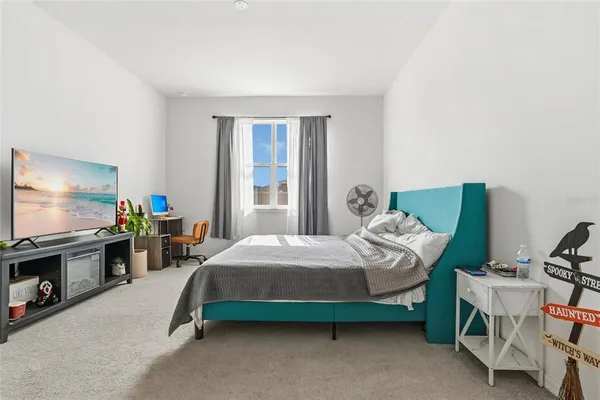 a bedroom with a bed and a flat screen tv