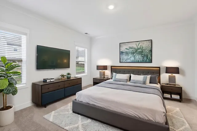 a bedroom with a bed and a flat screen television