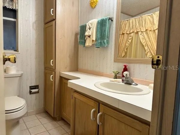 a bathroom with a sink a toilet and shower curtain