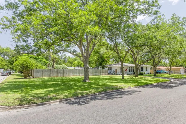 a view of a backyard with large trees
