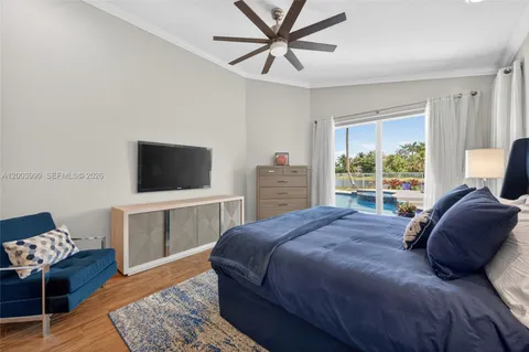 a bedroom with a bed and a television