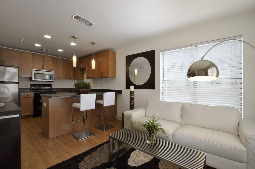711 West 32nd Street, Unit 108 Austin, TX 78705 - Photo 8 of 28 a living room with a couch and a view of kitchen appliances