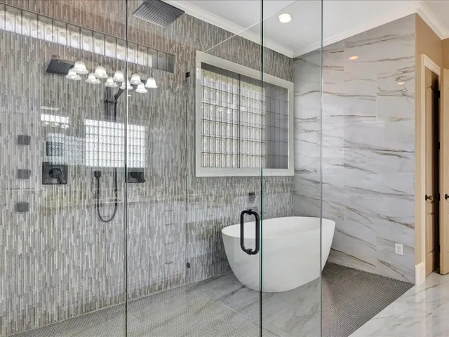 a bathroom with a shower and bathtub