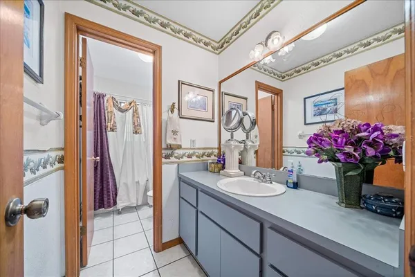 a bathroom with a sink a mirror and a shower