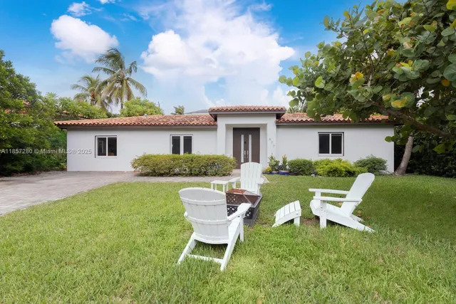 a view of a house with backyard sitting area and garden