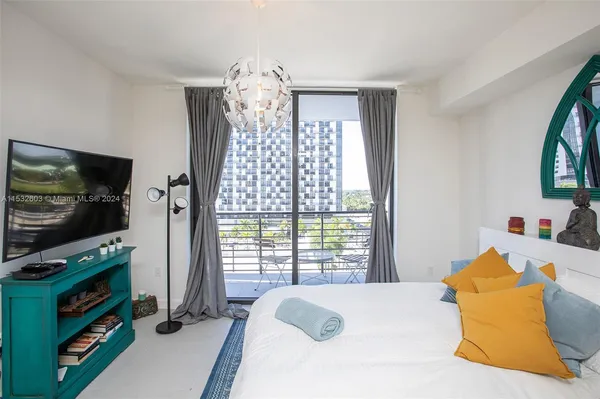 a bedroom with a bed and a flat screen tv