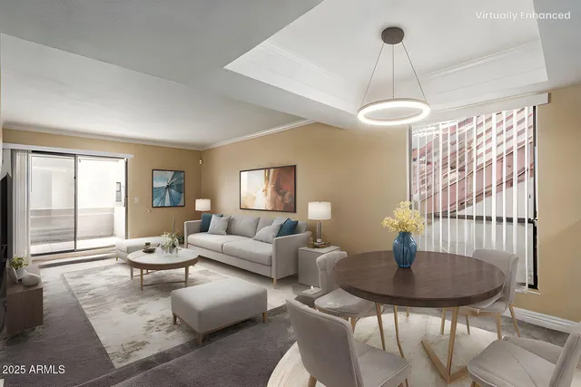 a living room with furniture a lamp and a table