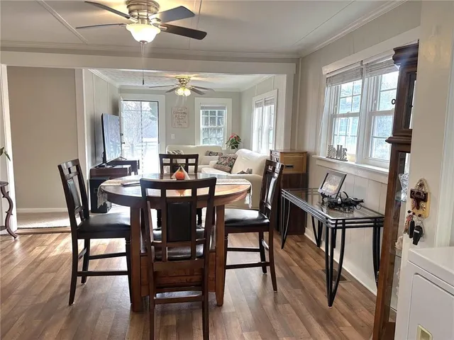 a view of a dining room with furniture