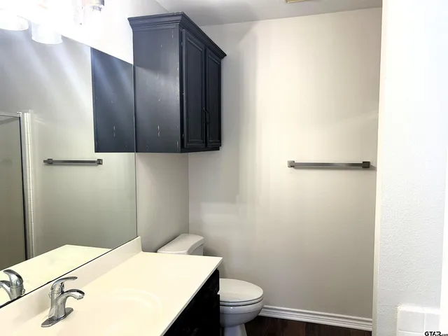 a bathroom with a toilet a sink and mirror