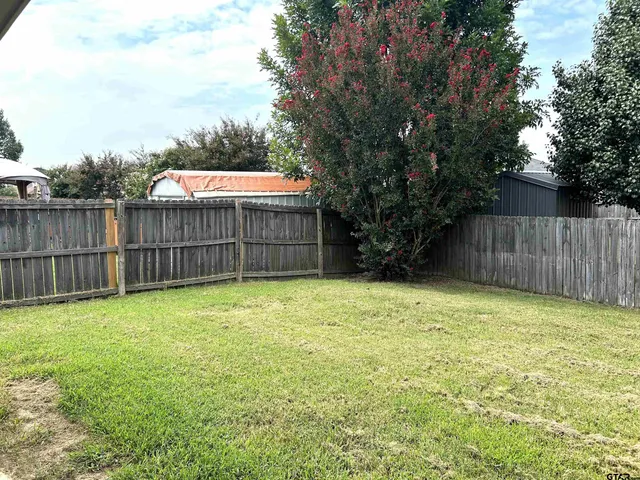 a view of a backyard with a small cabin and a chair
