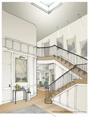 a view of staircase with railing and a rug