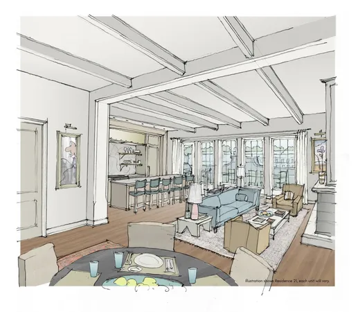 a living room with furniture and large windows