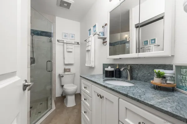 a bathroom with a granite countertop sink a toilet and a shower