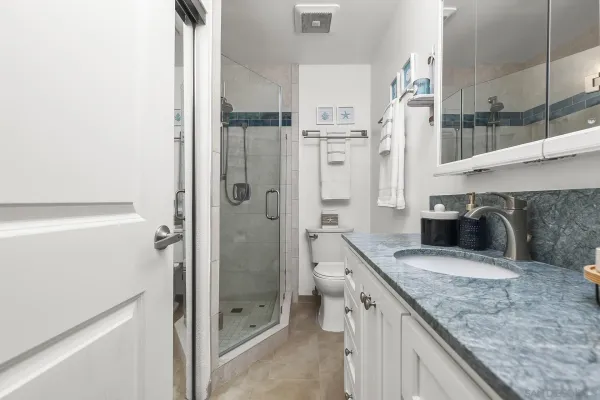 a bathroom with a granite countertop sink a mirror and shower