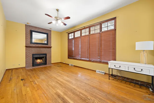 a living room with a fireplace