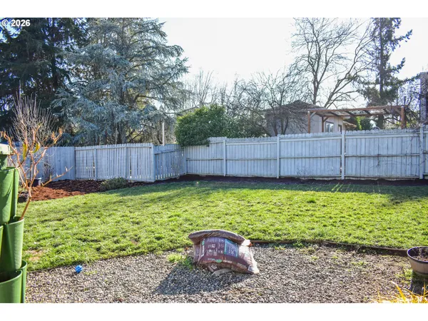 a view of a backyard with large tree and wooden fence