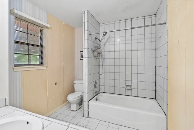 a bathroom with a bathtub and a toilet
