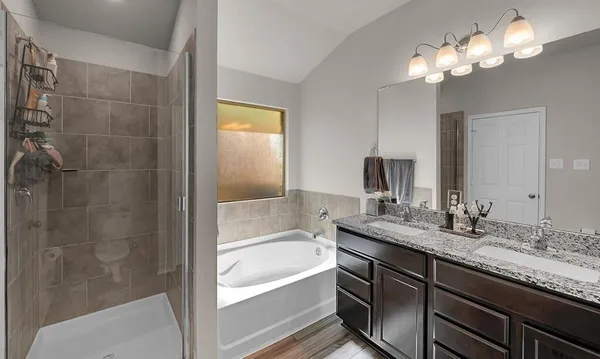a bathroom with a granite countertop sink a large mirror and a bathtub