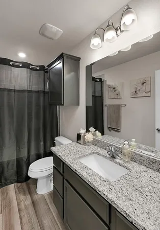 a bathroom with a granite countertop sink a toilet a mirror and shower curtain