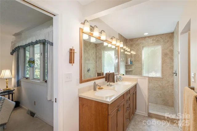 a bathroom with a sink mirror and a shower