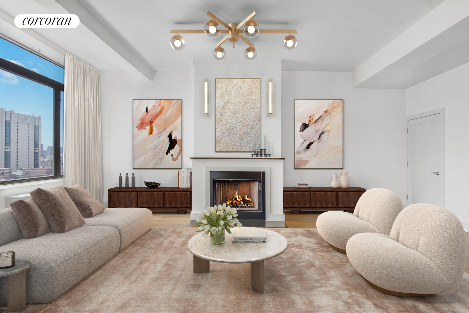 380 Lenox Avenue, Unit PHC Manhattan, NY 10027 - Photo 3 of 15 a living room with furniture and a fireplace