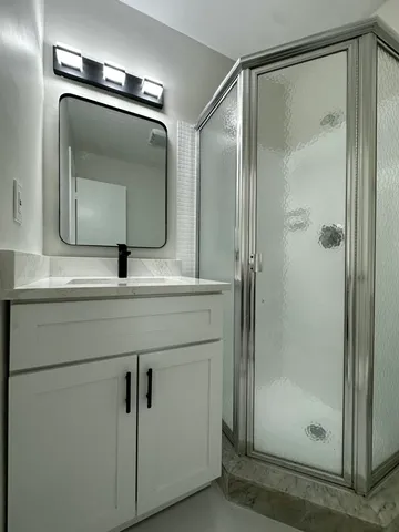 a bathroom with a shower sink and mirror