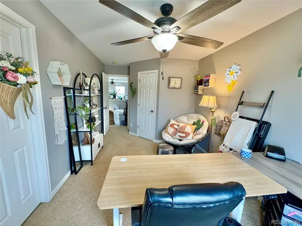 a living room with furniture and a potted plant