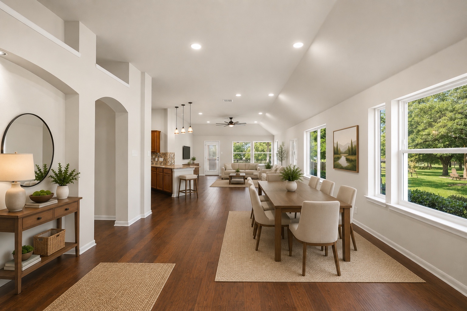 1100 Springbrook Road Pflugerville, TX 78660 - Photo 4 of 23 Rich hardwood floors flow through this sun-drenched living space with soaring ceilings and outdoor views. photo has been virtually staged