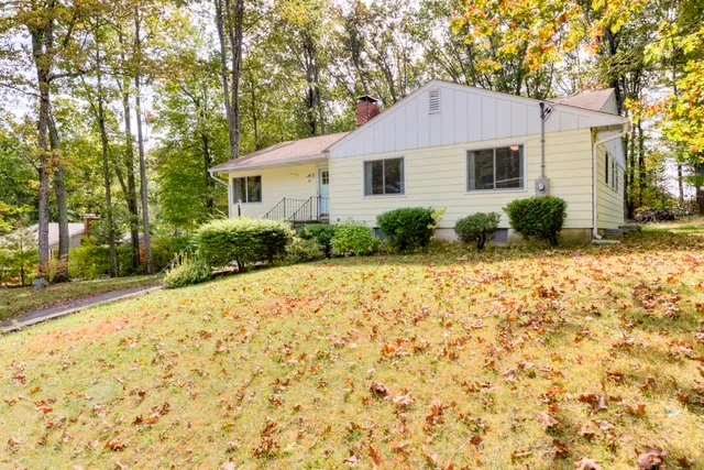 a view of backyard of house with green space
